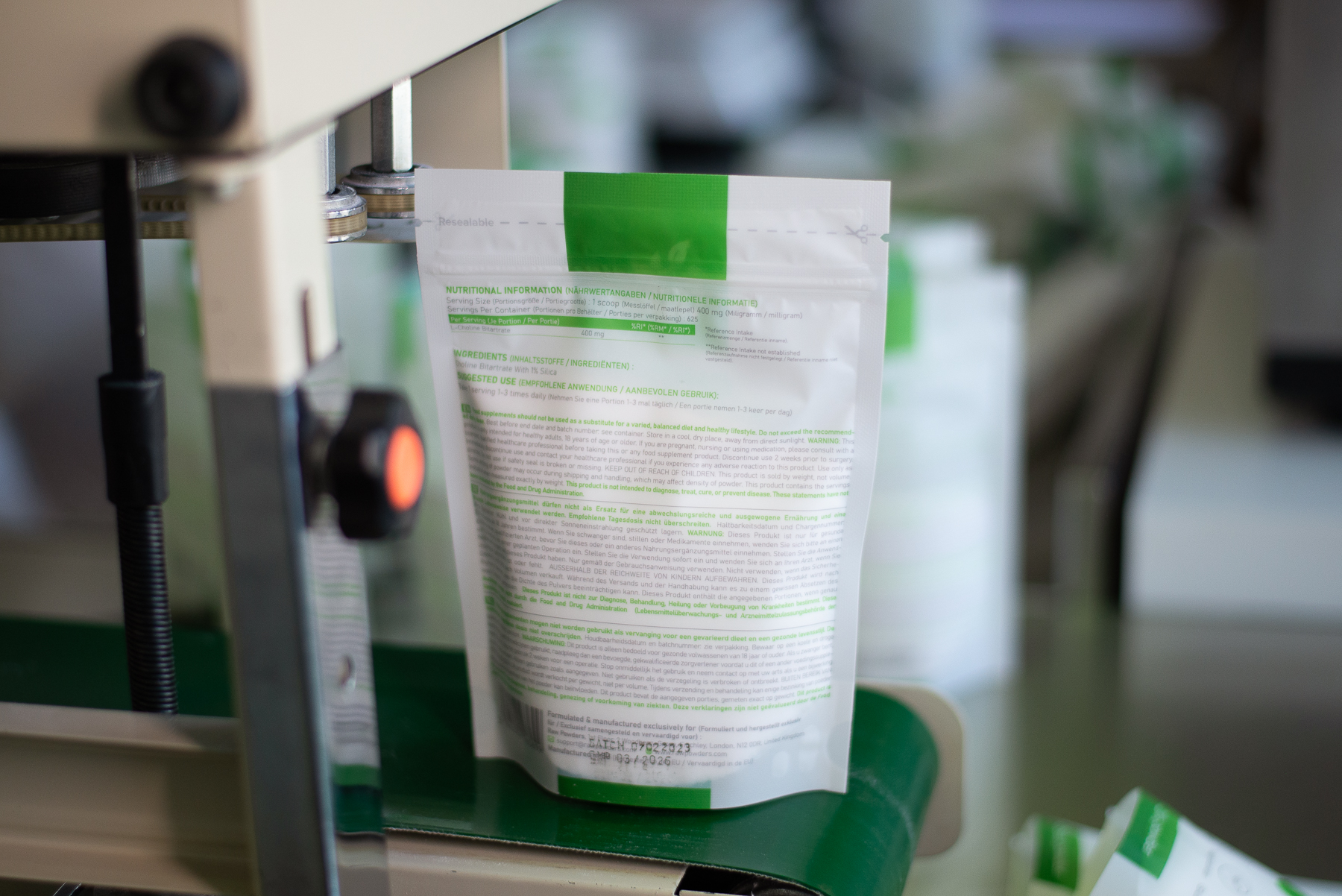 Doypack stand-up pouch filled with supplement powder