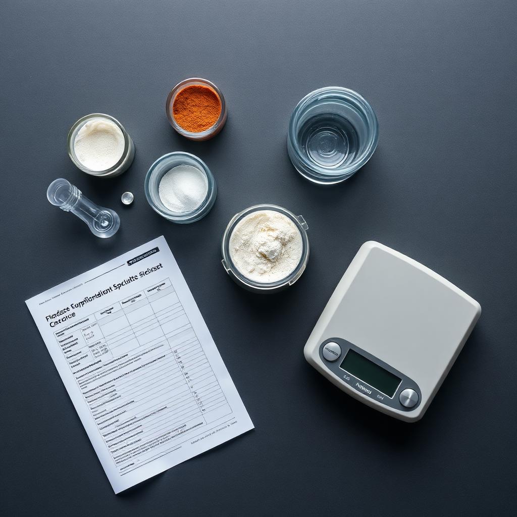 Supplement formulation work bench with powders and a specification sheet